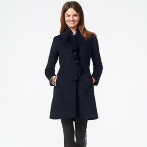 DKNY Ruffle Wool Blend Dark Navy Blue Walker Coat Long Jacket Size 14 Preppy